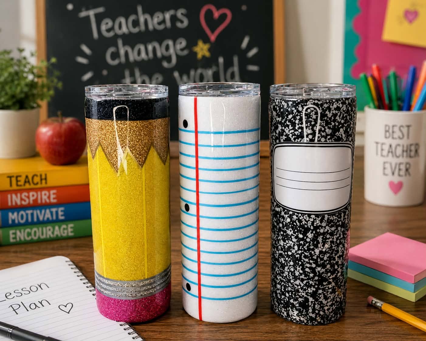 Back to School Epoxy Tumbler – 32oz Plump | Pencil, Notebook & Composition